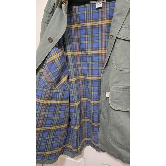 Barn Girl Farm Clothes Green Canvas Jacket Leather Collar Size S Plaid Lining Em - Picture 7 of 8